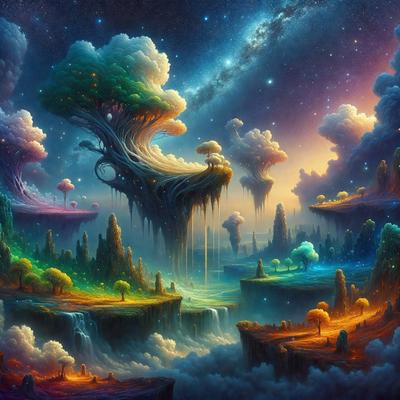 The primary subject of the image is a surreal landscape featuring a tree with mushrooms growing on it, surrounded by other trees and mushrooms. The setting is a colorful, fantastical world with a vibrant atmosphere. The visual style is a digital art or illustration, creating a surreal and imaginative scene. The colors and mood are predominantly vivid and whimsical, with a sense of wonder and creativity.